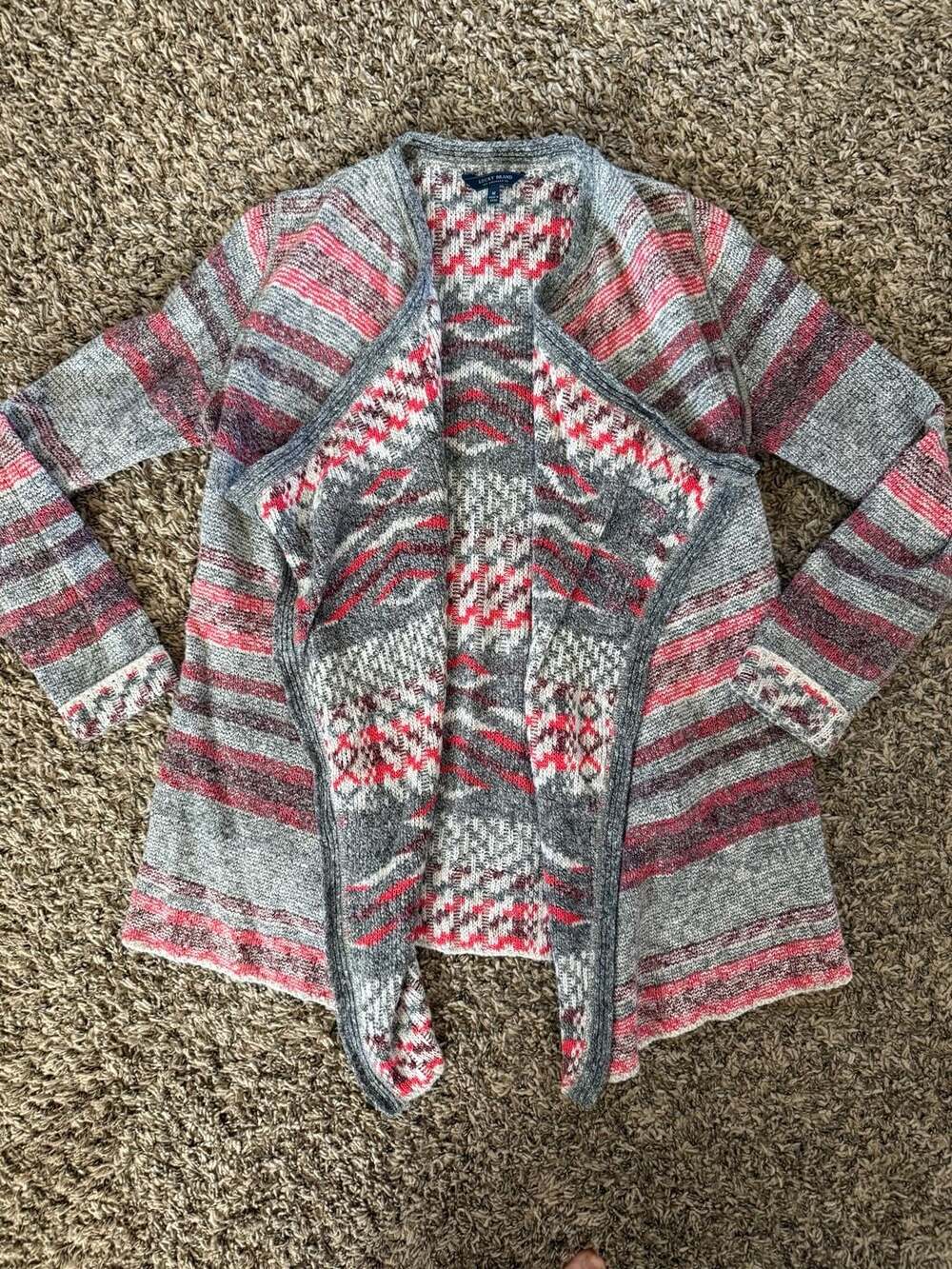 Lucky Brand Cardigan Size M Gray Red Open Front Southwestern